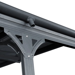 Detailaufnahme Ximax Einzelcarport: Dachrinne, Stütze und hitzeabweisendes Polycarbonat-Dach.