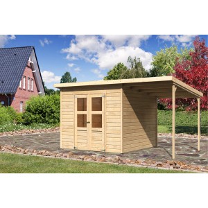 Karibu Holz-Gartenhaus Vellinge, unbehandelt, mit Doppeltür und Anbau, 238x240 cm.