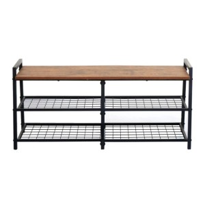 MCW Schuhregal A27 in Wildeiche-Optik, 40x107x38cm, mit 4 Ablagefächern und Sitzbank-Funktion.