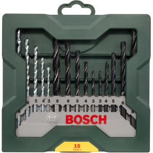 Bosch Bohrer-Set, 15-teilig, für Holz, Stein, Metall in grüner Box.