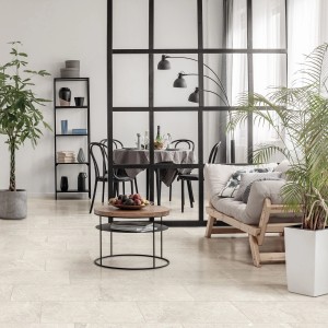 Verlegtes Feinsteinzeug Metro grey in Grau, 62x31 cm, im modernen Wohnraum.