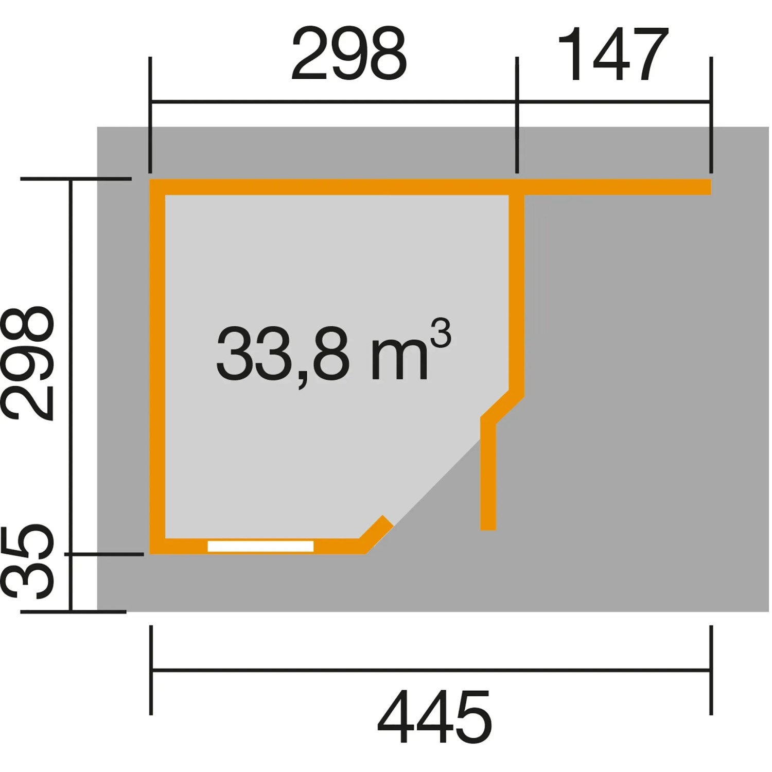 Grundriss Weka Holz-Gartenhaus Flachdach, 455x339 cm, unbehandelt. Maße und Raumaufteilung des Gartenhauses.