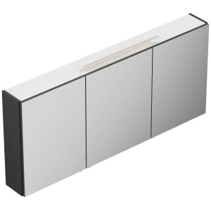 Posseik Spiegelschrank 140 cm, grafit, mit 3 Spiegeltüren und obenliegender LED-Leiste.