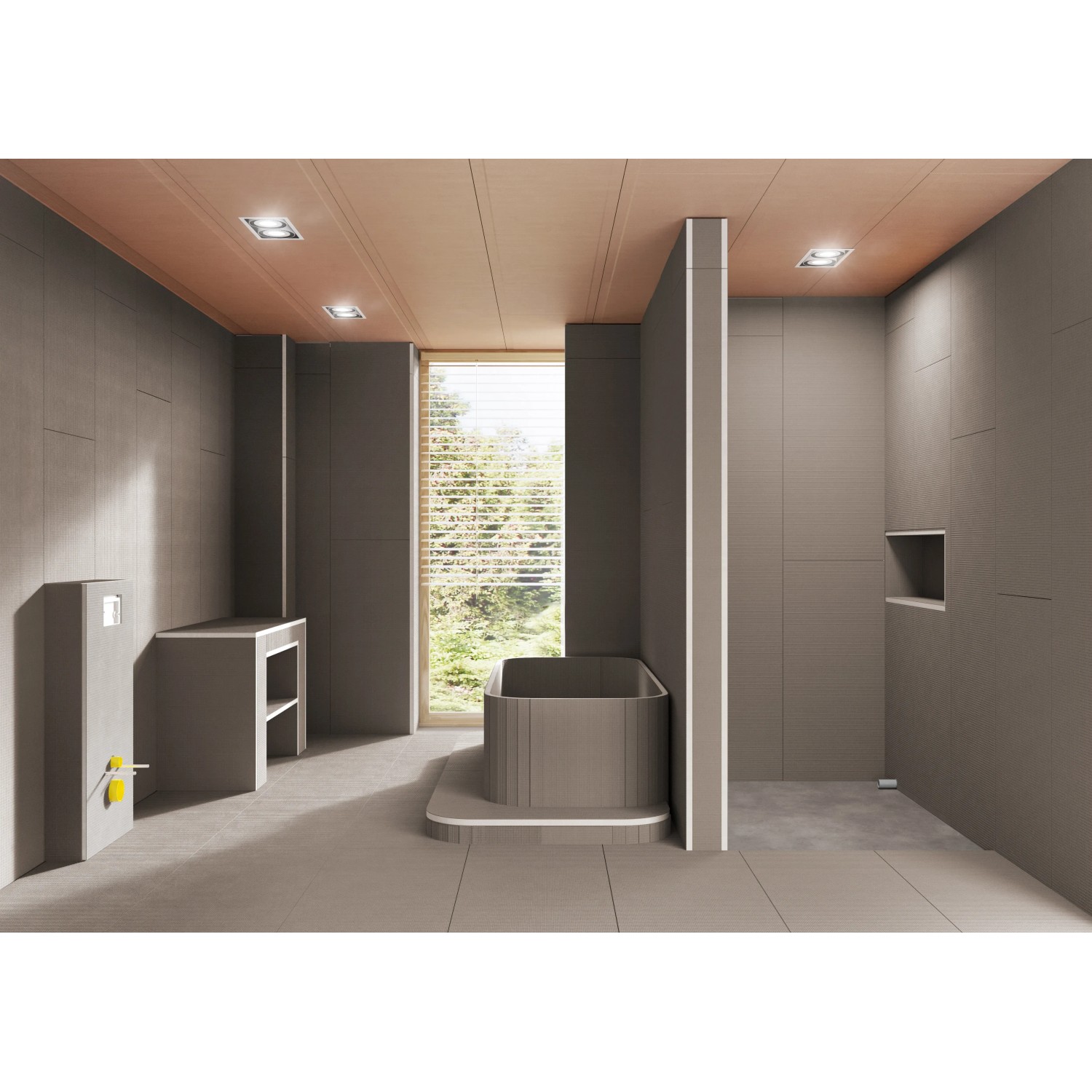 Badezimmer mit grauen Ultrament Bauplatten Do it für Wand, Boden und Badewanne.