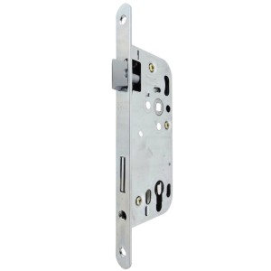 Silbernes Einstemmschloss für Profilzylinder, Dornmaß 50 mm, Stulp 250x18 mm. Ideal für Innentüren.