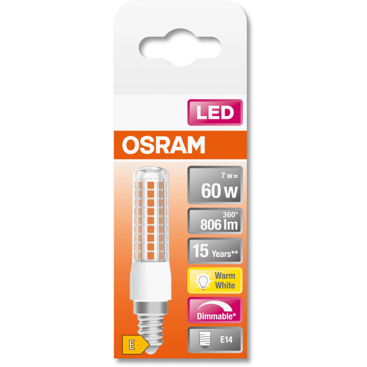 Osram LED-Lampe E14, 7,5W, dimmbar, warmweiß. Klare T-Form für Designerleuchten.