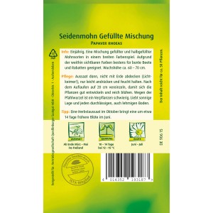 Samenpackung Quedlinburger Seidenmohn, gefüllte Mischung für farbenfrohe Beete.