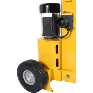 Detailansicht des gelben Texas Elektro-Holzspalters Power Split 820 V mit Rad.