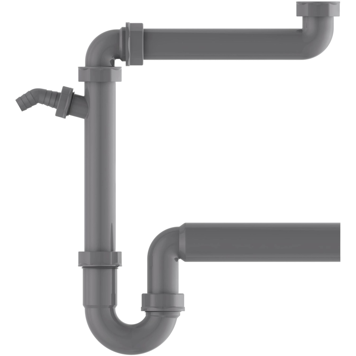 Grauer Raumspar Siphon für Küchenspüle mit Geräteanschluss.