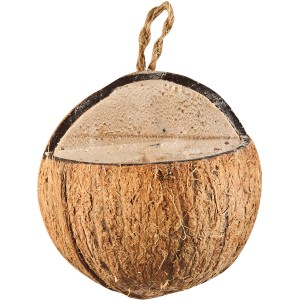 Elles Wildvogelfutter Kokosnuss mit Erdnussbutter, 400g. Ganzjahresfutter für Wildvögel in Kokosnussschale mit Aufhängung.
