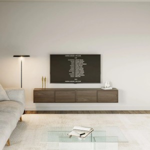 Modernes Selsey TV-Hängeboard Framme 200 cm in Walnuss-Holzoptik, grifflos, schwebend unter TV im Wohnzimmer.