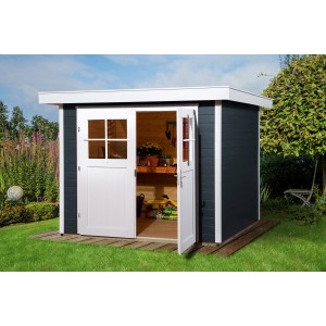Anthrazitfarbenes weka Gartenhaus mit Flachdach und geöffneter Doppeltür.