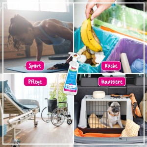 Poliboy Geruchsstopp 500ml für Textilien, Oberflächen & mehr. Anwendungsbereiche: Sport, Küche, Pflege, Haustiere.