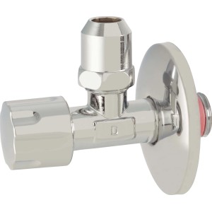 Verchromtes Eckventil mit Schlauchanschluss für Wasch- oder Spülmaschine.