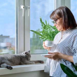 Frau am Fenster mit Basi Fenstergriffen (4er Set) in Weiß, Katze liegt auf Fensterbank.