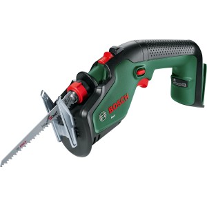 Bosch Akku-Gartensäge Keo 18 Solo, grüne Astsäge mit Haltebügel und Sägeblatt.