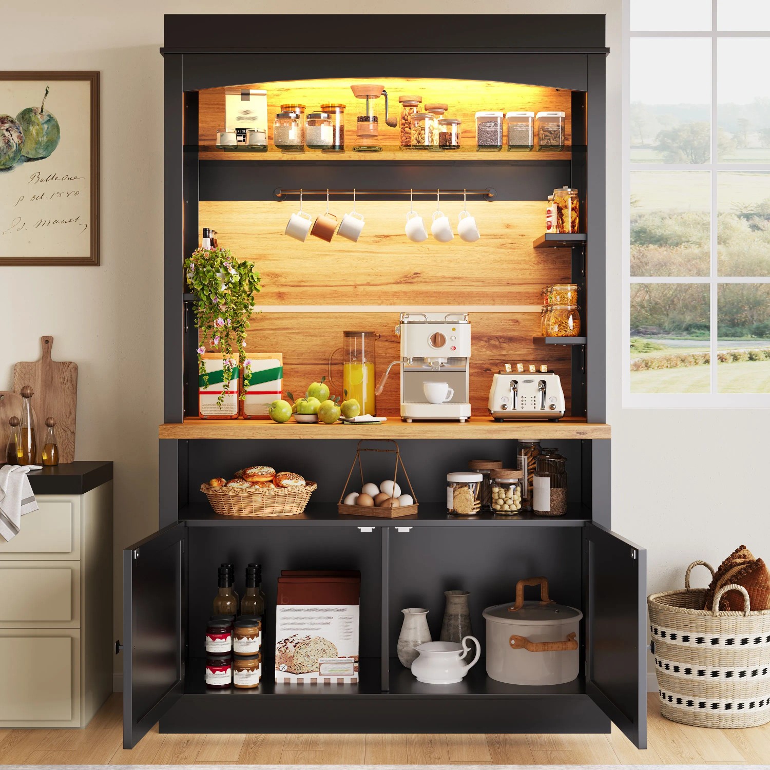 okwish Küchenschrank mit LED-Beleuchtung Vitrine Regal Küche 107x43x184cm Schwarz kaufen bei OBI