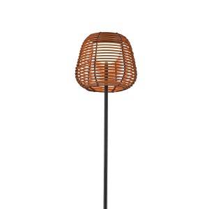 Schwarze LED-Akku-Stehleuchte Askia mit Rattan-Schirm, 120 cm hoch, für den Außenbereich.