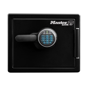 Schwarzer Master Lock Sicherheitstresor LFW082FTC mit digitalem Zahlenschloss, feuer- und wasserbeständig.