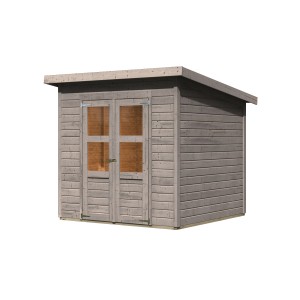 Karibu Gartenhaus Vellinge 4, vorvergraut, mit Pultdach und Doppeltür mit Kunstglasfenstern.