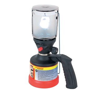 Rothenberger Scout Campinglampe, gasbetrieben, mit Tragegriff und Schutzglas.