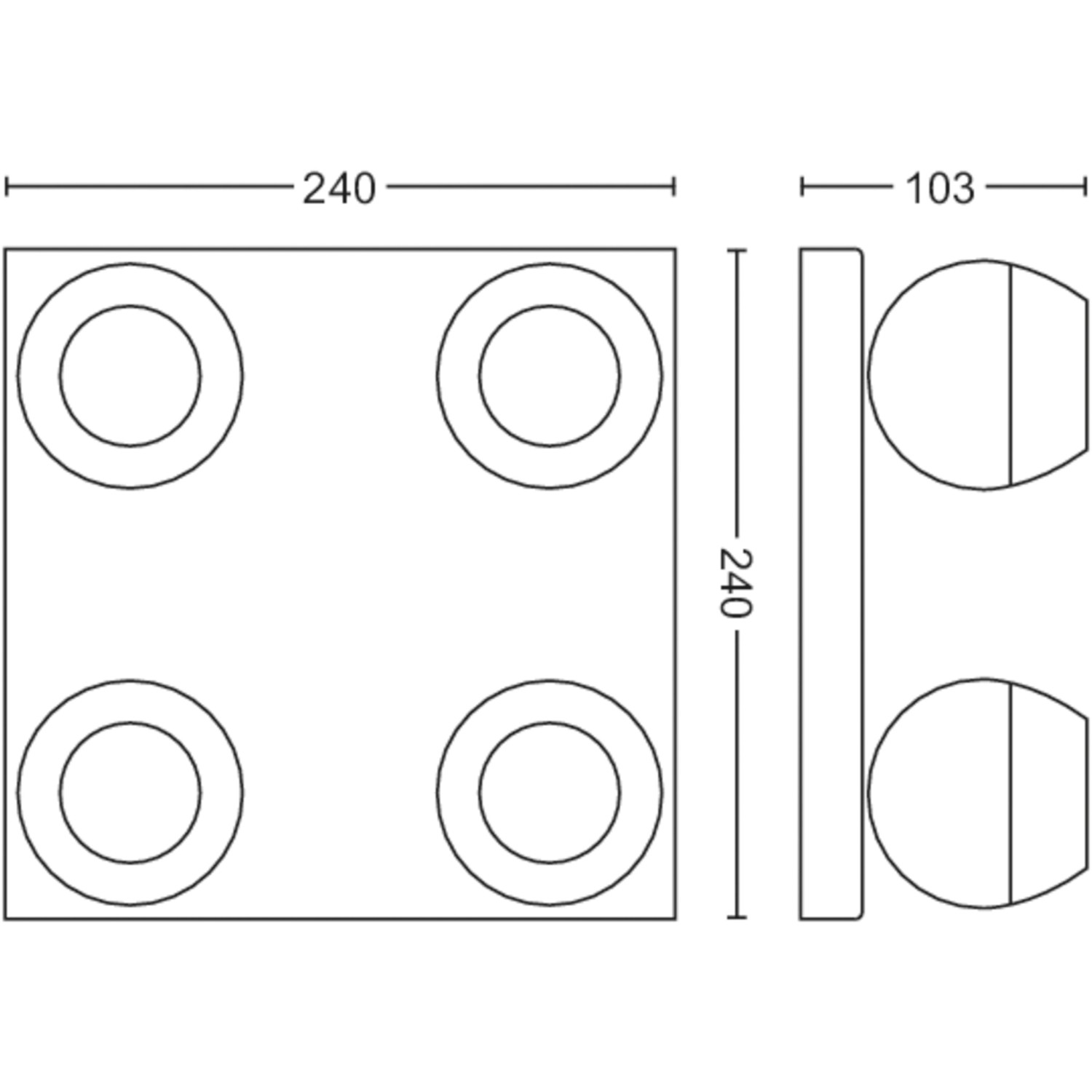 Technische Zeichnung: Philips Hue Buckram Spot, 4-flammig, Maße 24x24x10,3 cm.