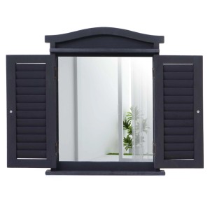 Dunkelgrauer MCW Wandspiegel mit Fensterläden, Holz und Metall, Fensterladen geöffnet.