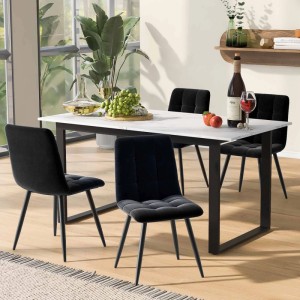 Ausziehbarer Esstisch 180x80 cm, weißer Marmoroptik-Tisch mit schwarzem Metallgestell in modernem Esszimmer.