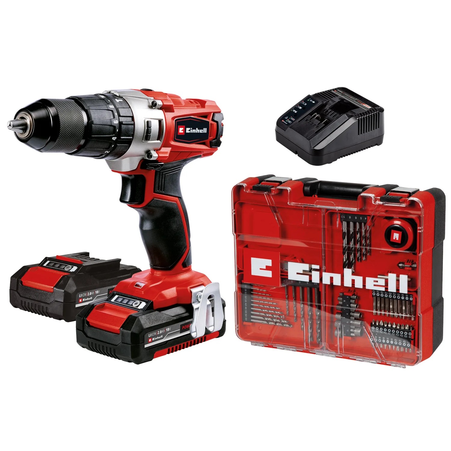 Einhell Akku-Schlagbohrschrauber TE-CD 18 mit 2 Akkus, Ladegerät und Koffer.