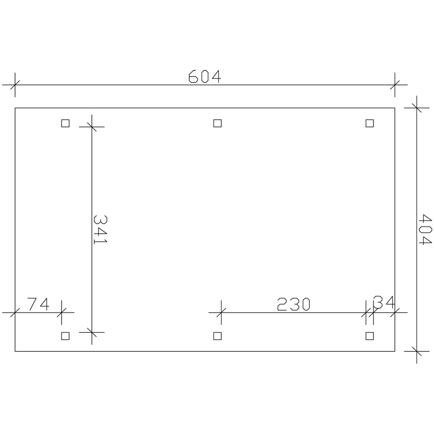 Technische Zeichnung des Skan Holz Carport Emsland, 404 x 604 cm, mit Maßangaben.