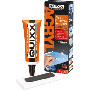 Quixx Kratzer-Entferner Set für Acrylglas (4-teilig) mit Tube, Poliertuch und Schleifpapier.