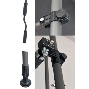 Details der anthrazitfarbenen Garden Pleasure Klemmmarkise: Kurbel, Halterungen und Standfuß.