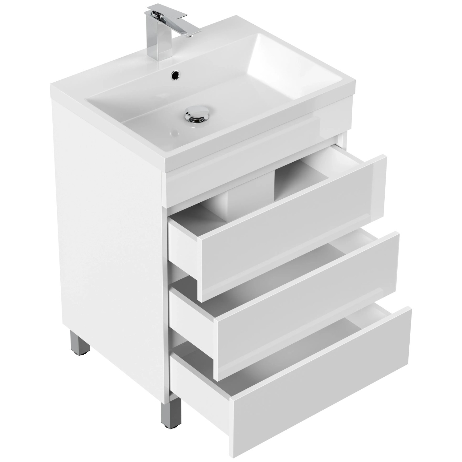Posseik Badmöbel Fellini 60, weiß hochglanz, mit Waschbecken und 3 Schubladen.