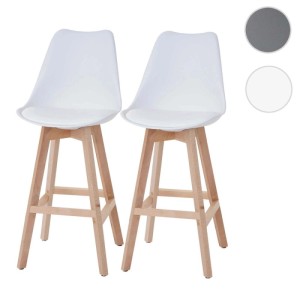 2er-Set Barhocker Vaasa T501, weiße Kunstleder-Sitzfläche und helle Holzbeine.