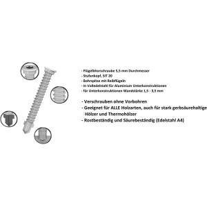 GS Terrassen Speedfix Bohrschraube, 5,5x45 mm, A4 Edelstahl, für Terrassendielen Montage ohne Vorbohren.