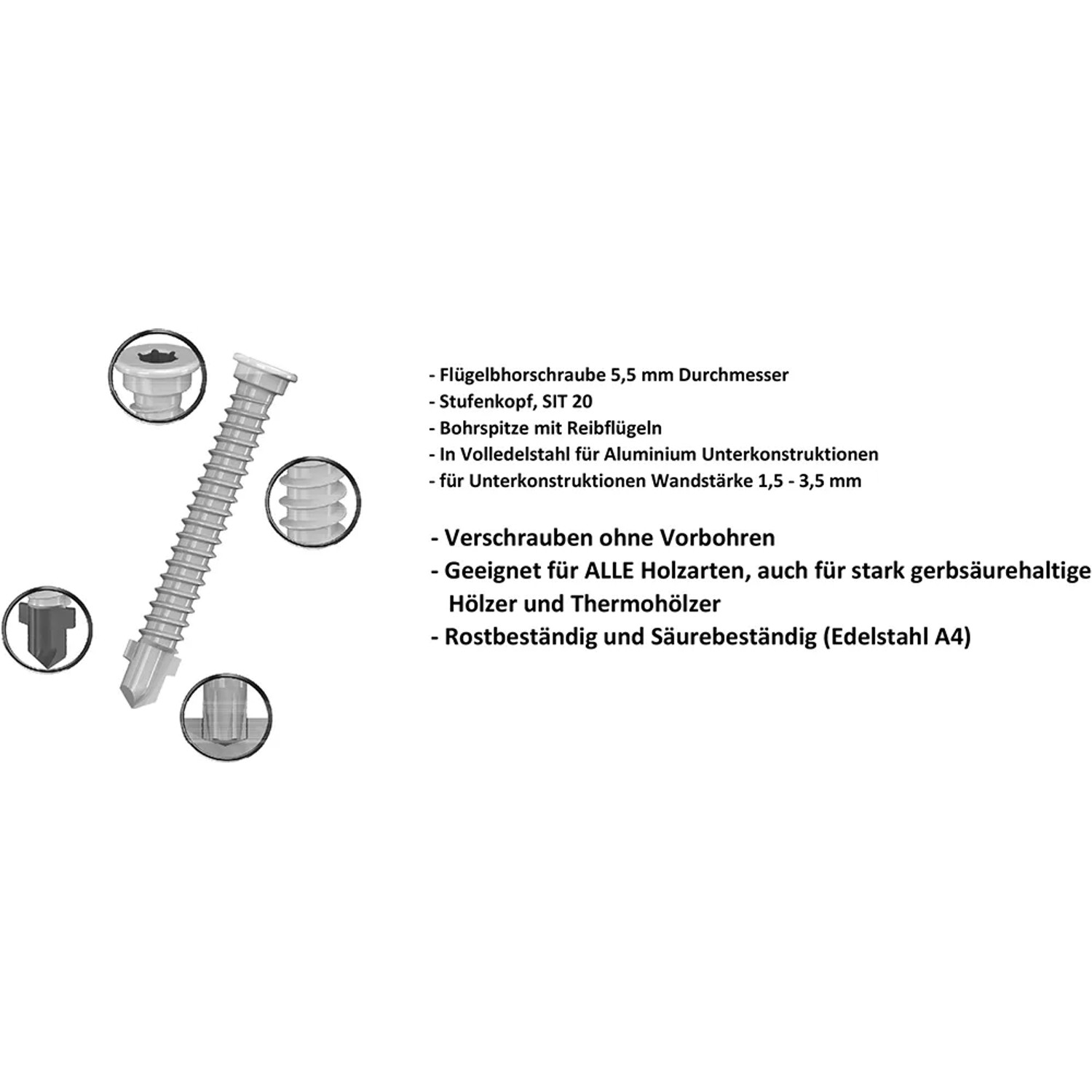 GS Terrassen Speedfix Bohrschraube, 5,5x45 mm, A4 Edelstahl, für Terrassendielen Montage ohne Vorbohren.