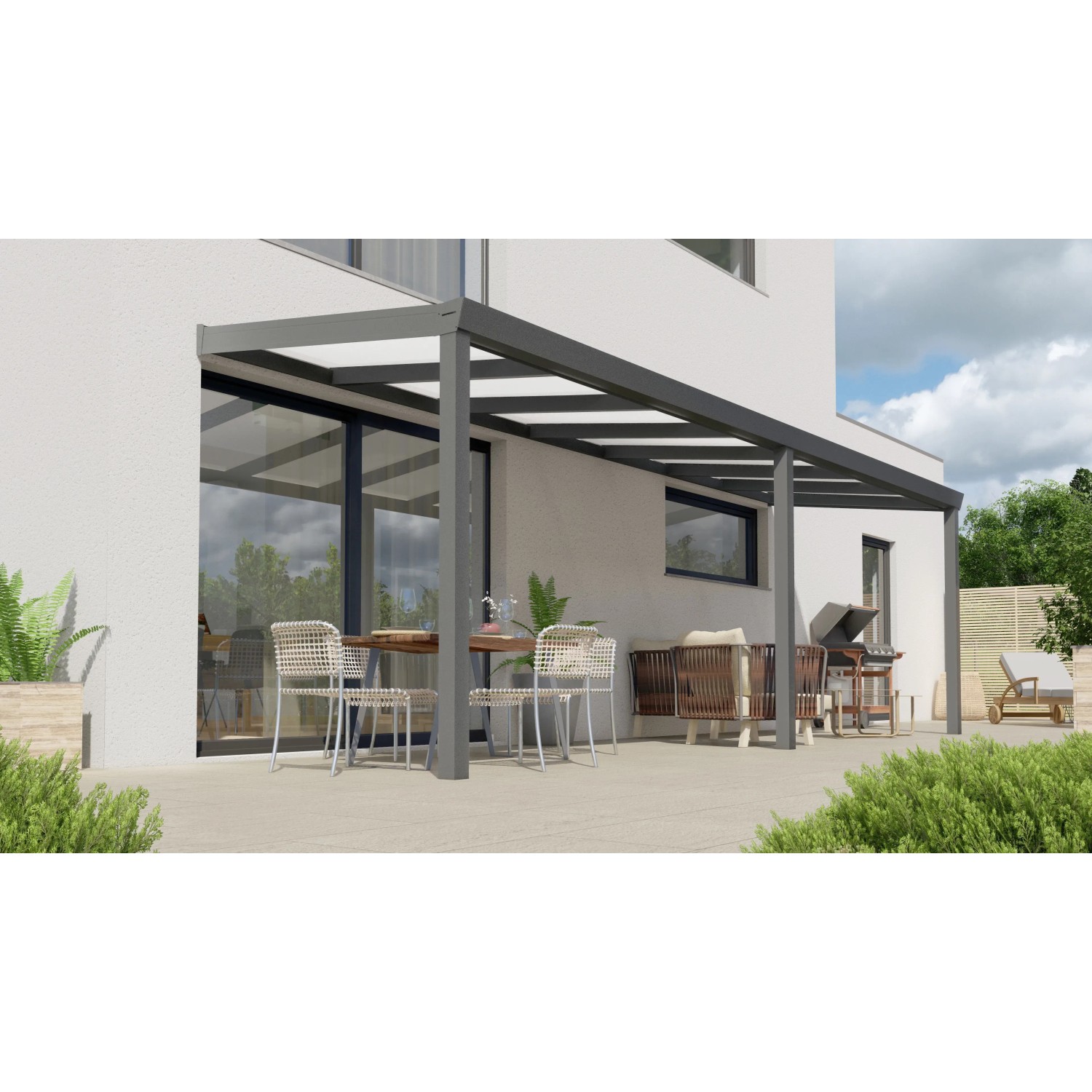 Anthrazitfarbene Terrassenüberdachung Professional, 700x300 cm, mit opalen PC-Platten.