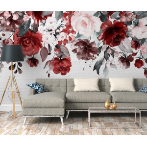 Fototapete mit Blumenmuster in Rot, Rosa, Lila und Weiß vor Steinwand, 3,50x2,55m.