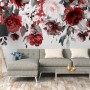 Fototapete mit Blumenmuster in Rot, Rosa, Lila und Weiß vor Steinwand, 3,50x2,55m.