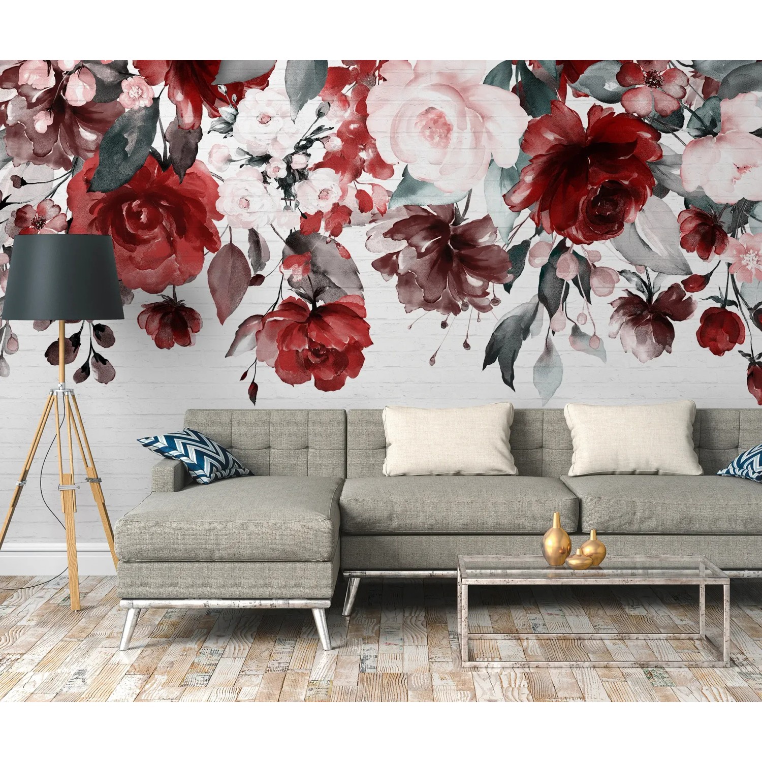 Fototapete mit Blumenmuster in Rot, Rosa, Lila und Weiß vor Steinwand, 3,50x2,55m.