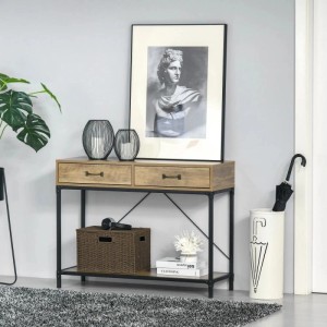HOMCOM Konsolentisch Industrie-Design, 2 braune Schubladen, schwarzes Metallgestell, Ablage im Flur.
