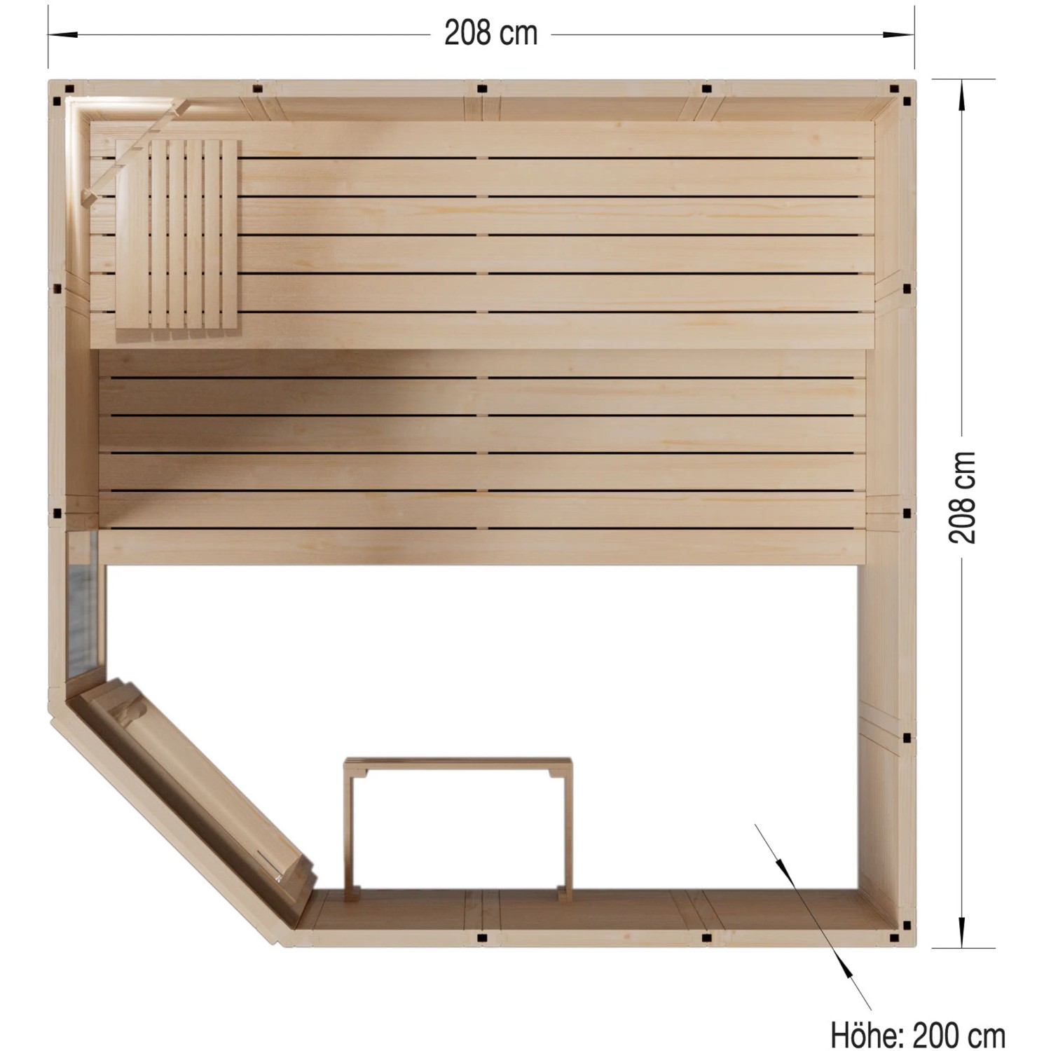 Eilo 5-Eck Sauna EL-BE 40-2121E, Blockbohlen-Elementbauweise mit Glastür und Seitenteil, Draufsicht.