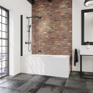 Schulte Badewannenfaltwand, 2-teilig, mattschwarz, 140x112 cm, montiert auf einer Badewanne.
