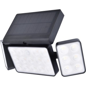 Schwarze Lutec LED-Solarleuchte Tuda mit 3 Leuchten und Solarpanel.