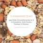Supravit Balkonfutter für Wildvögel: Nahaufnahme der Zusammensetzung mit Sonnenblumenkernen, Erdnüssen, Haferflocken, Hanfsaat, Rosinen.