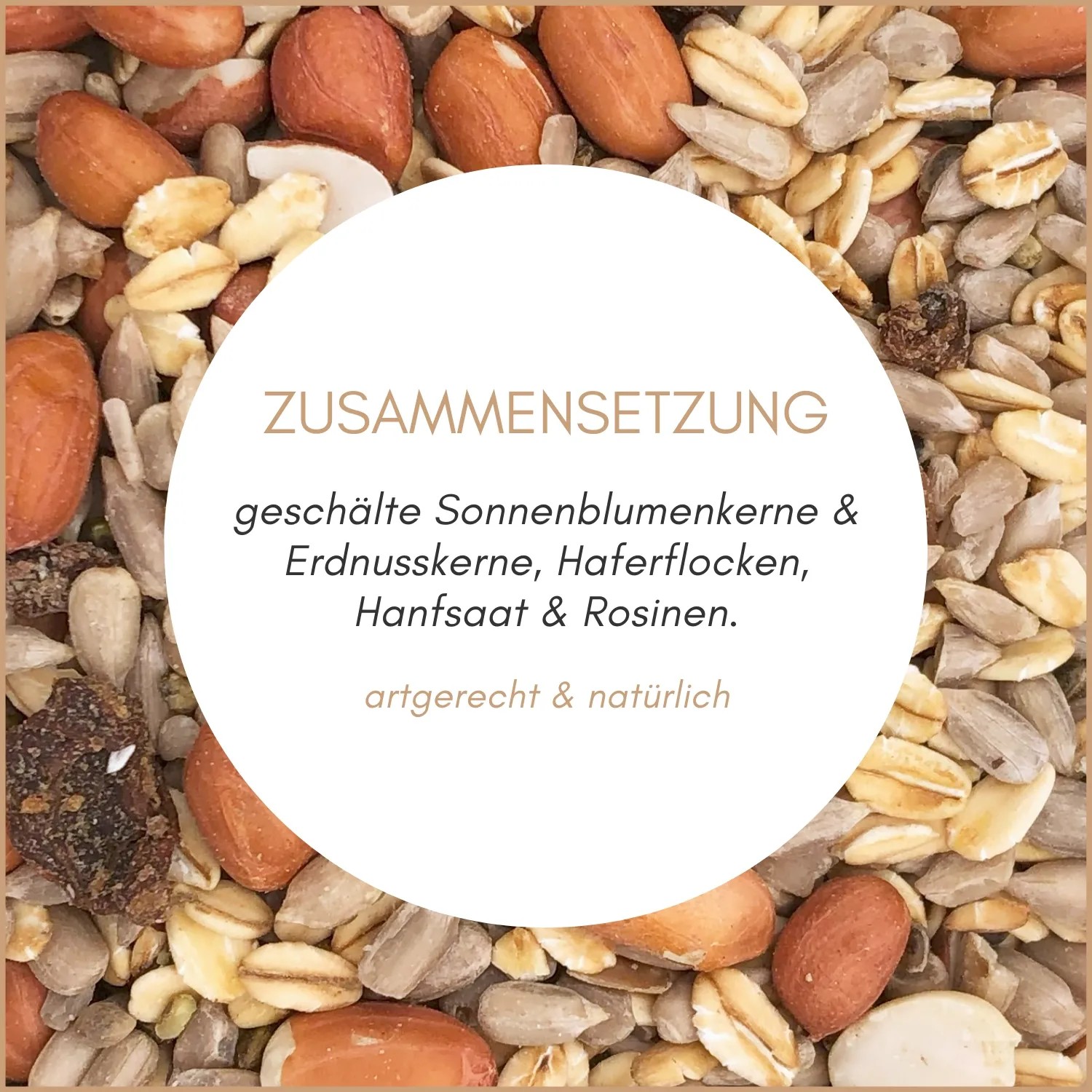 Supravit Balkonfutter für Wildvögel: Nahaufnahme der Zusammensetzung mit Sonnenblumenkernen, Erdnüssen, Haferflocken, Hanfsaat, Rosinen.