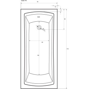 Technische Zeichnung der weißen Sanotechnik Körperform-Badewanne Gala, 170x75 cm, mit Maßangaben.