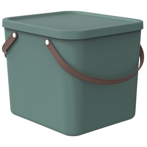 Rotho Multibox Albula 40 l in Mistletoe Green mit Deckel und braunen Griffen.