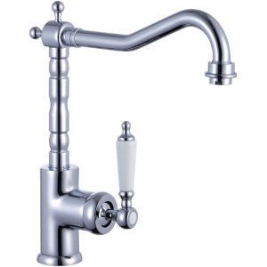 Verchromte Schütte Küchenarmatur Old Style mit hohem Auslauf und weißem Hebel.