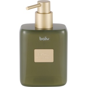Khaki Seifenspender von baliv Moss Green trend aus Polyresin mit goldenem Spenderkopf.